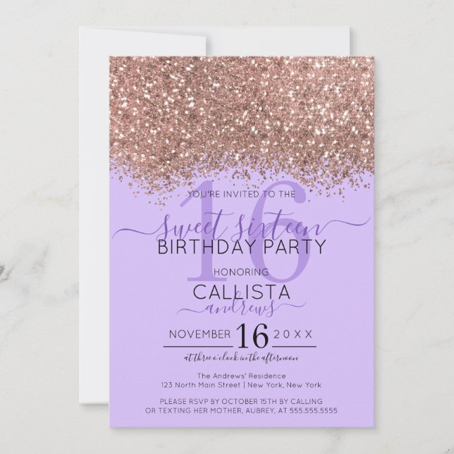 Invitation Luxe Rose Gold Lavender Parties scintillant Confet (Devant)
