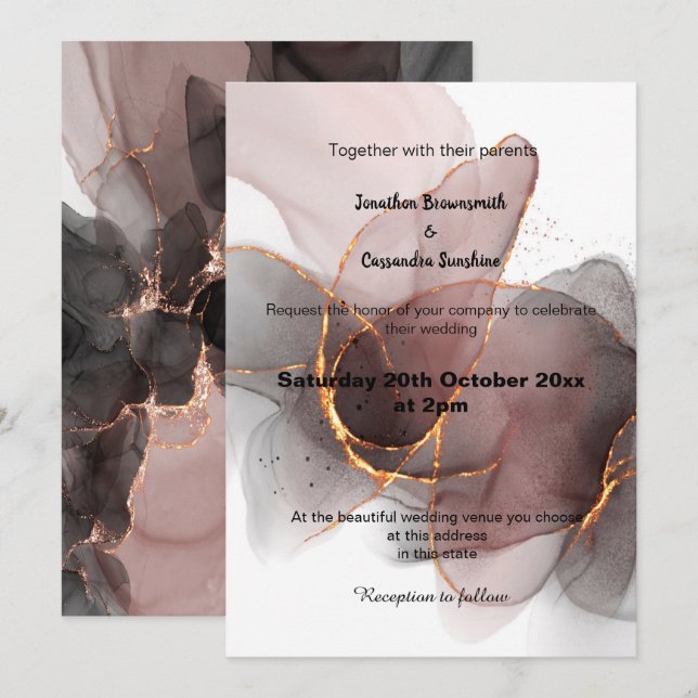 INVITATION LUXE ROSE NOIR MARBRE ABSTRAIT MARIAGE (Devant / Derrière)