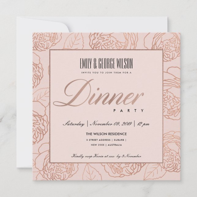 INVITATION LUXE ROSE PÂLE OR ROSE FLORAL PARTIE DE DINER (Devant)