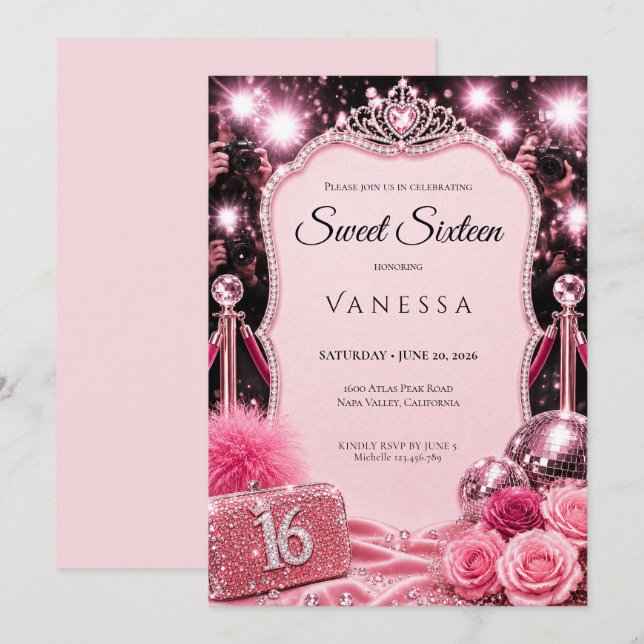 Invitation Luxe Rose Strass Paillettes Sweet 16 (Devant / Derrière)