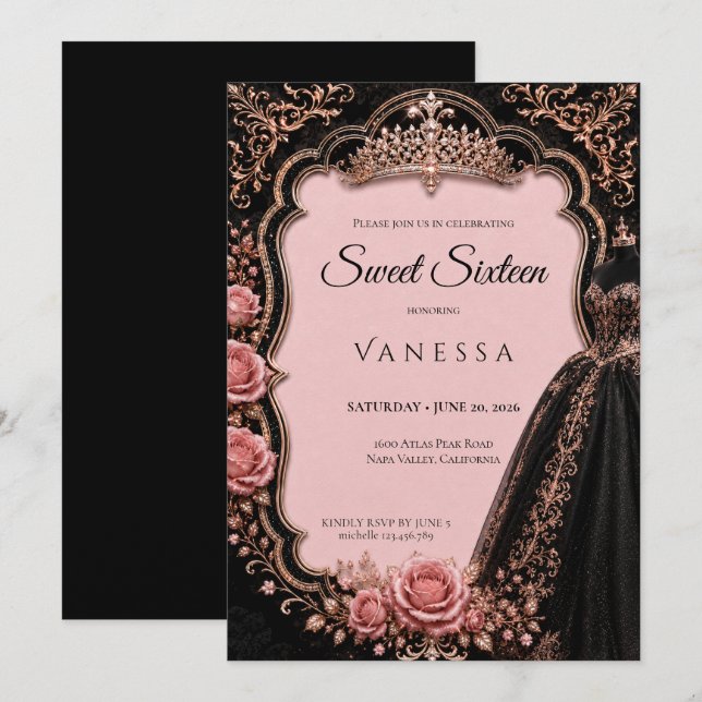 Invitation Luxe Rose Strass Paillettes Sweet 16 (Devant / Derrière)