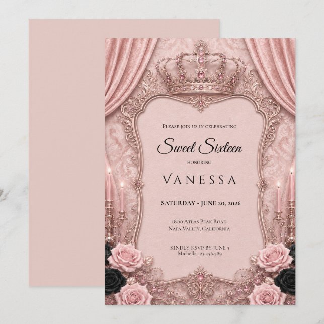 Invitation Luxe Rose Strass Paillettes Sweet 16 (Devant / Derrière)