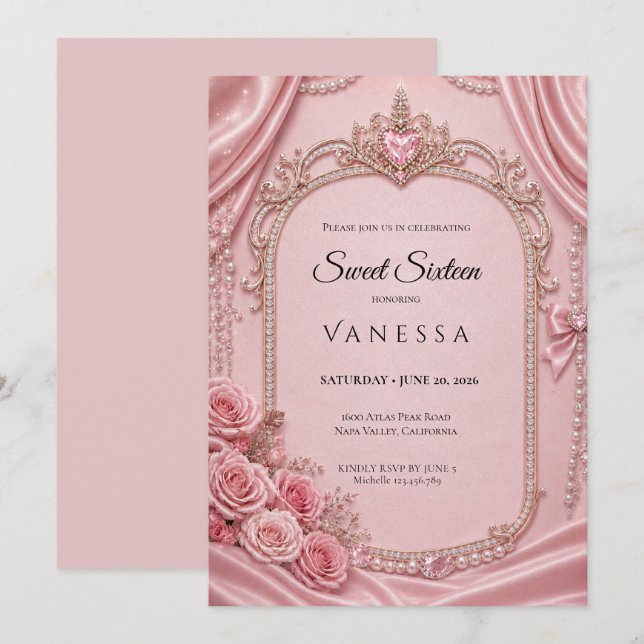 Invitation Luxe Rose Strass Paillettes Sweet 16 (Devant / Derrière)