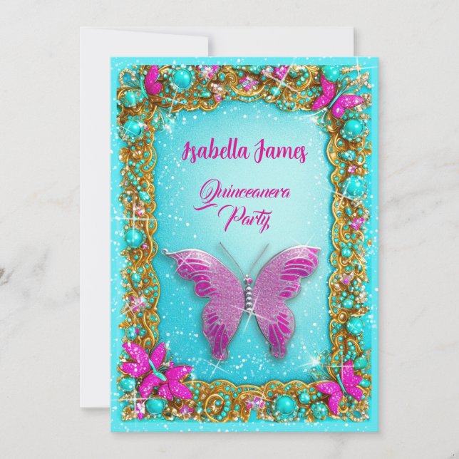 Invitation luxe rose turquoise bijoux en or parties scintilla (Devant)
