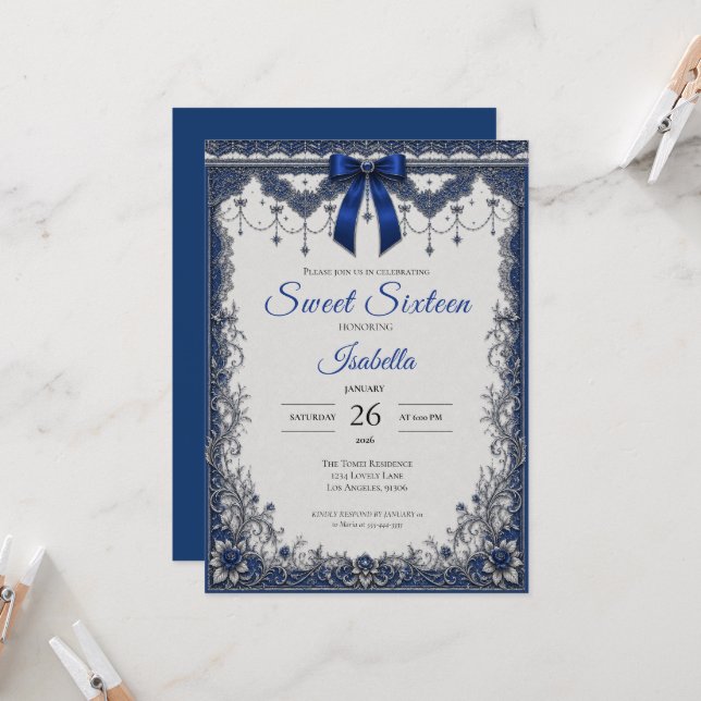 Invitation Luxe Royale Bleue Sweet 16 (Devant/Arrière en situation)