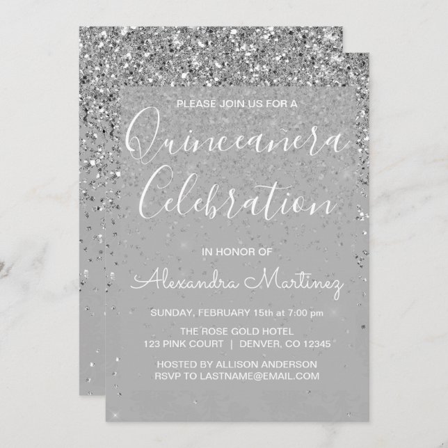 Invitation Luxe Silver Girl Parties scintillant étincelante Q (Devant / Derrière)