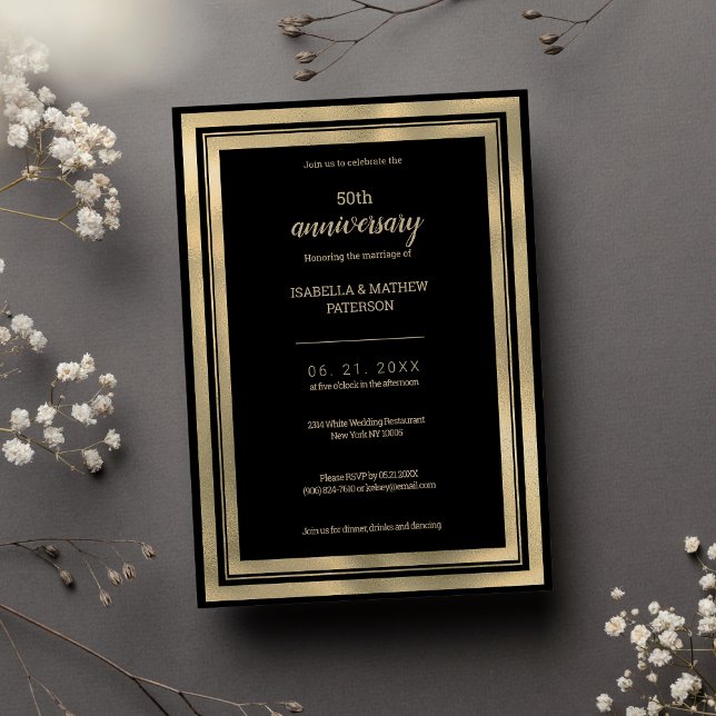 Invitation Luxe simple or noir 50e anniversaire Mariage (Luxury simple black gold 50th Wedding Anniversary )