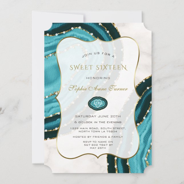Invitation Luxe Turquoise Aquarelle Agates Sweet sixteen (Devant)