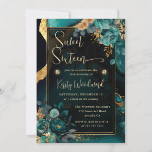 Invitation Luxe Turquoise et or Floral Agate Sweet sixteen