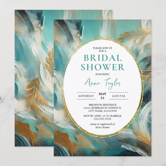 Invitation Luxe Turquoise Gold Brushstroke Bridal Shower (Devant / Derrière)