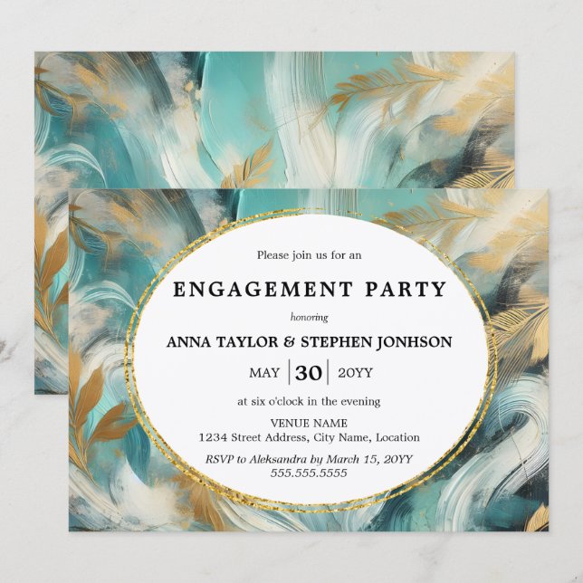 Invitation Luxe Turquoise Gold Brushstrokes Engagement Party (Devant / Derrière)