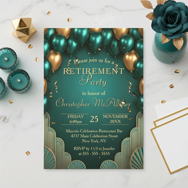 Invitation Luxe Turquoise or ballon Art Déco Retraite Party (Créateur téléchargé)