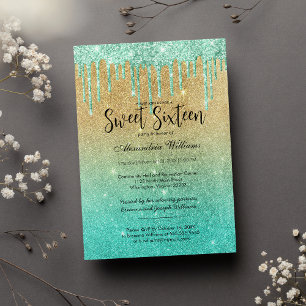 Invitation Luxe turquoise or ombre parties scintillant goutte