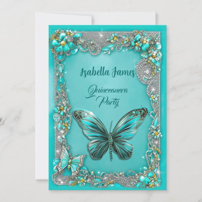Invitation luxe turquoise Quinceanera parti Butterfly chic (Devant)