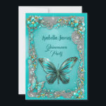 Invitation luxe turquoise Quinceanera parti Butterfly chic<br><div class="desc">Invitation tes amis et ta famille pour fêter ton 15e anniversaire avec cette invitation branchée Quinceanera fête. Le design se compose d'un arrière - plan turquoise de luxe avec des diamants scintillants sur des papillons argentés et élégants. Cette invitation est parfaite pour une fille classe et sophistiquée qui aime le...</div>