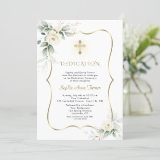 Invitation Luxe Verdure Blanc Floral Dédication Fille