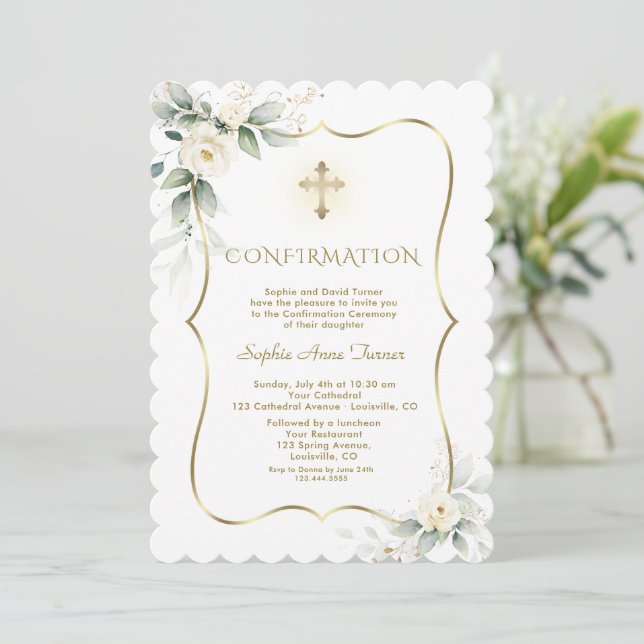 Invitation Luxe Verdure Blanc Floral Fille Confirmation (Debout devant)