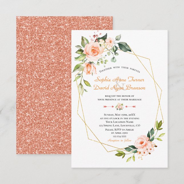 Invitation Luxe Vivant Fleurs de Corail Mariage Or (Devant / Derrière)