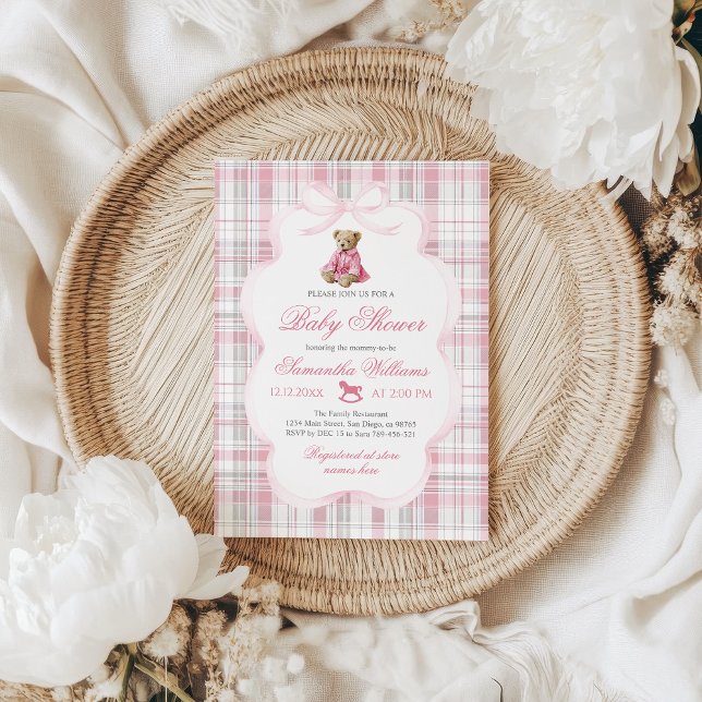 Invitation Luxsary Teddy Bear Pink Plaid Baby Girl Shower  (Créateur téléchargé)