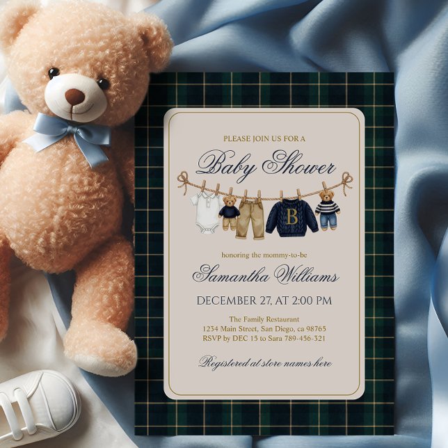 Invitation Luxsary Teddy Bear Plaid Baby Shower  (Créateur téléchargé)