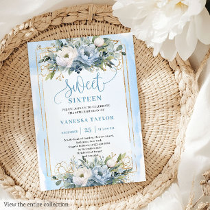 Invitation Luxueuse Dusty Bleu Blanc Or Fleurs Douce 16