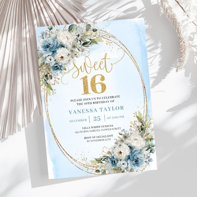 Invitation Luxueuse Fleurs Bleu Poussiéreux pour S (Luxury Dusty Blue Greenery Sweet Sixteen Invite)