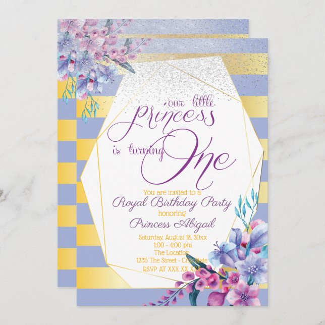 Invitation Luxueuse Floral Princess Anniversaire (Devant / Derrière)