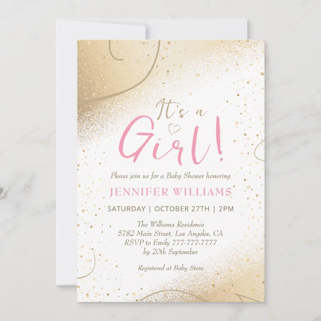 Invitation Luxueuse Gold & Pink Girl Baby shower (Devant)