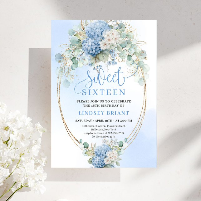 Invitation Luxueuse Script pour Sweet Sixteen avec (Luxury Script Blue Hydrangeas Sweet Sixteen Invite)