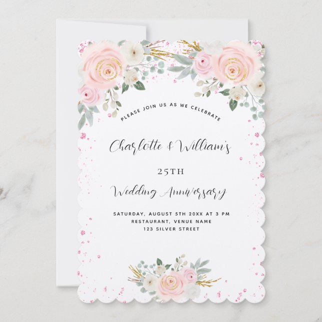 Invitation Luxueux 25e anniversaire de mariage floral rose ar (Devant)