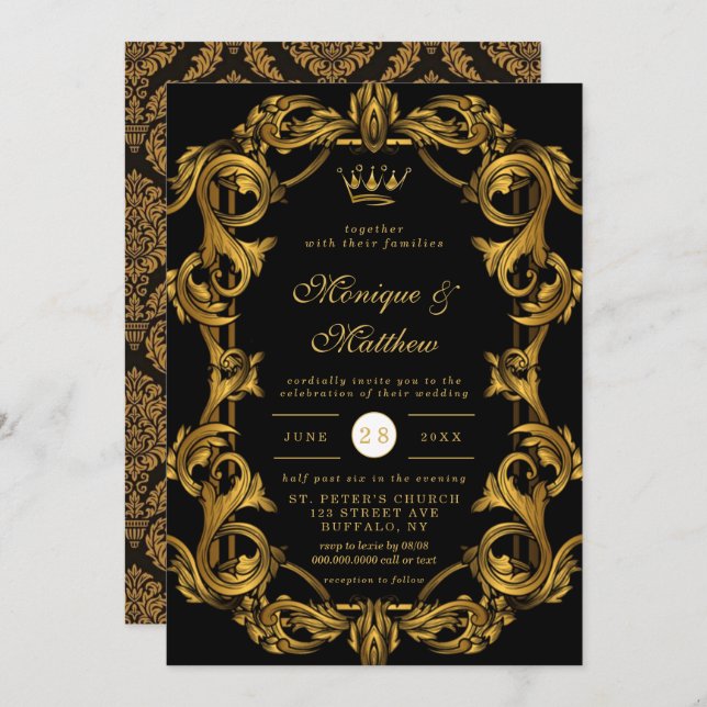 Invitation Luxueux Art Nouveau Black Gold Royal Mariage (Devant / Derrière)