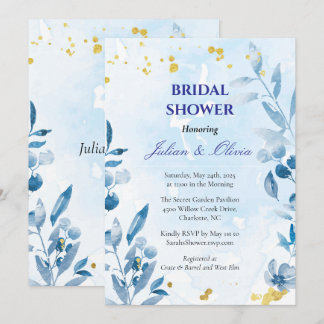 Invitation Luxueux baptême de mariage aquarelle bleu poussiér
