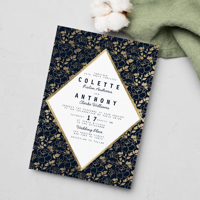 Invitation Luxueux bleu marine or romantique mariage floral (Luxury navy blue gold romantic floral wedding)