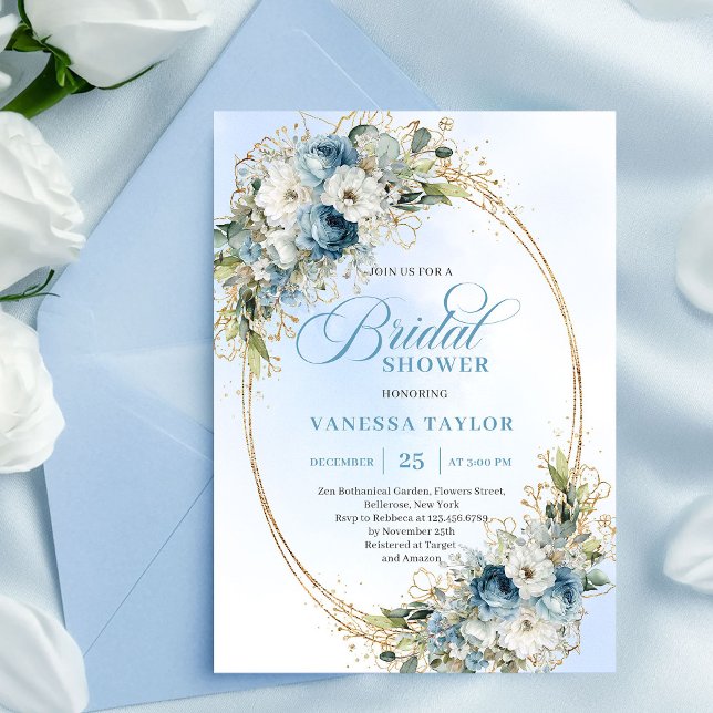 Invitation Luxueux bleu poussiéreux floral verdure Shower de  (Luxury Dusty Blue Greenery Floral Bridal Shower Invitation)