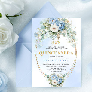 Invitation Luxueux Boho Bleu Floral Quinceañera 15e Anniversa