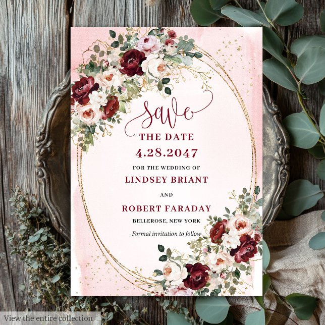 Invitation Luxueux Boho Rouge Clair Or Roses Enregistrer la D (Luxury Boho Maroon Blush Gold Roses Save Date)