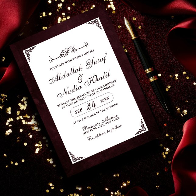 Invitation Luxueux Bourgogne & Blanc QR Code Mariage islamiqu (Créateur téléchargé)