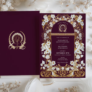 Invitation Luxueux Bourgogne & Mariage Floral Or Antique