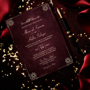 Invitation Luxueux Bourgogne Vintage Gold Mariage islamique