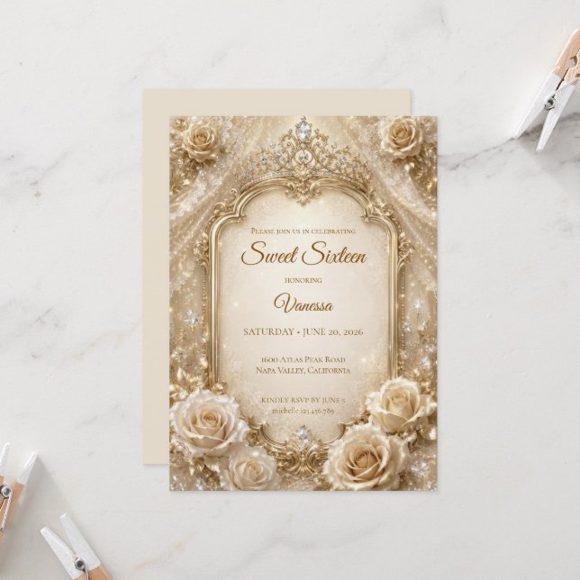 Invitation Luxueux Bow Doré Ivoire Sweet 16 (Devant/Arrière en situation)