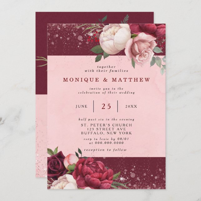 Invitation Luxueux Burgundy Blush Parties scintillant rose Ma (Devant / Derrière)