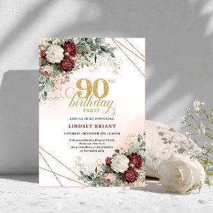 Invitation Luxueux Burgundy Boho Floral Végétal 90e Anniversa