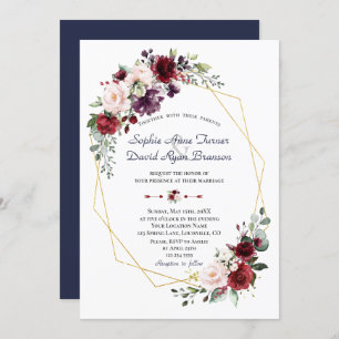 Invitation Luxueux Burgundy Plum Blush Flowers Or Mariage