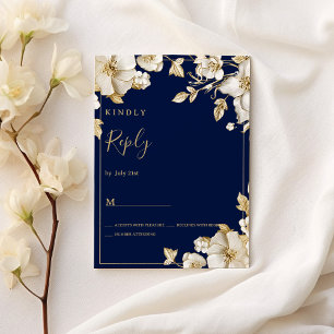 Invitation Luxueux carton de réponse en or blanc floral bleu