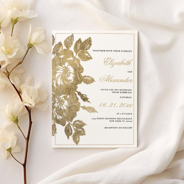 Invitation Luxueux classique or blanc rose mariage à fleurs (Classy luxurious white gold rose floral wedding)