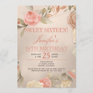 Invitation Luxueux corail floral pêche or Sweet Sixteen