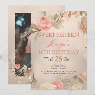 Invitation Luxueux Corail Or Pêche Floral PHOTO Sweet Seize