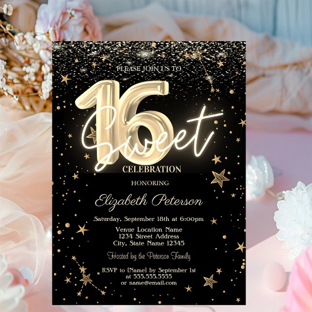Invitation Luxueux Diamants Dorés Étoiles Noir Sweet 16 (Créateur téléchargé)