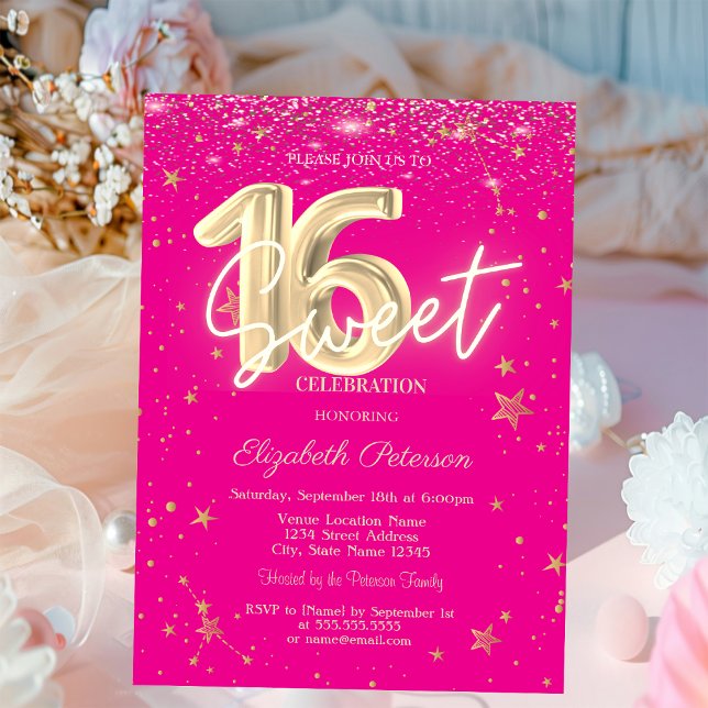 Invitation Luxueux Diamants Dorés Étoiles Rose Sweet 16 (Créateur téléchargé)