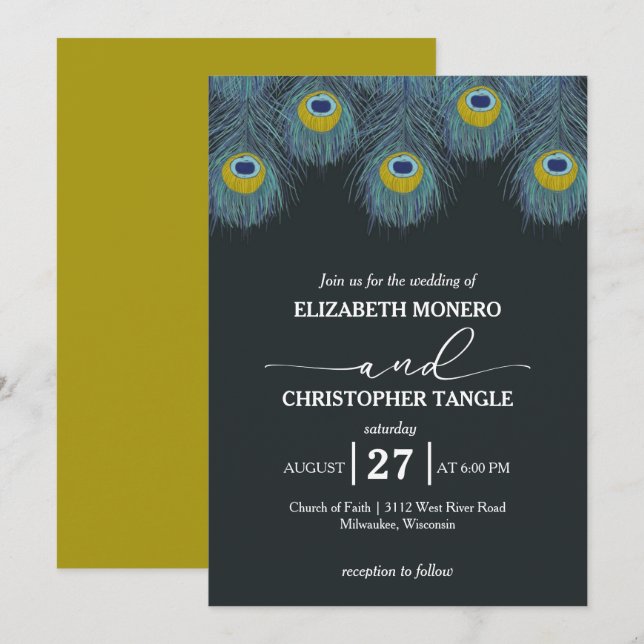 Invitation Luxueux et élégant | Mariage Peacock Feather (Devant / Derrière)